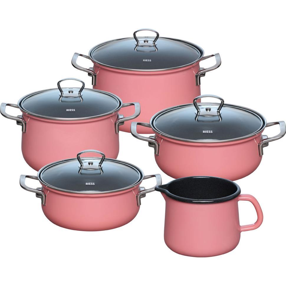 Riess Pentole Smaltate, Set Di Pentole Per La Famiglia 5 Pezzi Rosa 0584-114, Padella + Pentola, Pink