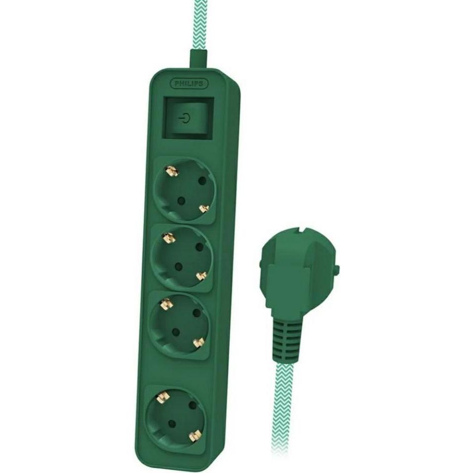 Philips, Ciabatta multipresa, Przedłużacz Listwa antyprzepięciowa 4 gniazda 1,5m zielona (4 x, 1.50 m)