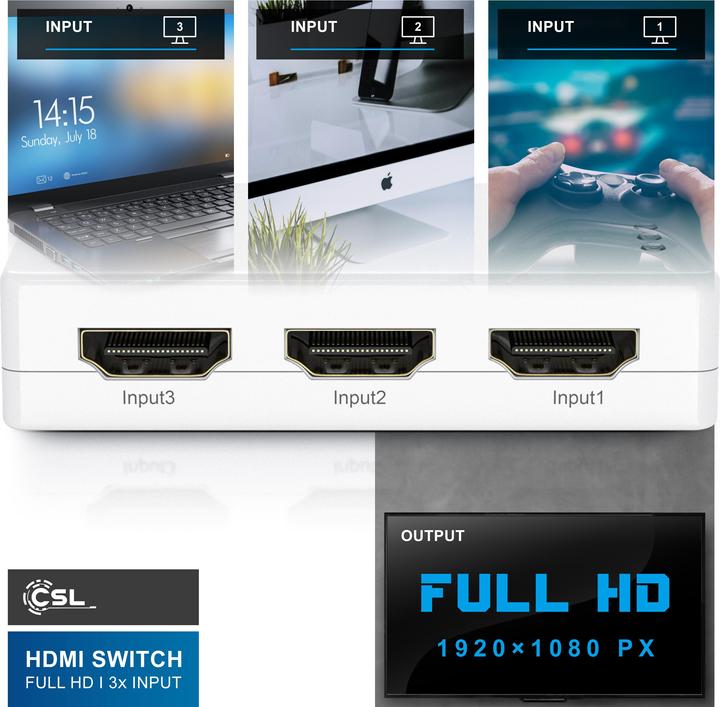 Actual product image CSL 3 port HDMI switch, audio / video distributor with amplifier, 3D, Full HD, incl. remote control