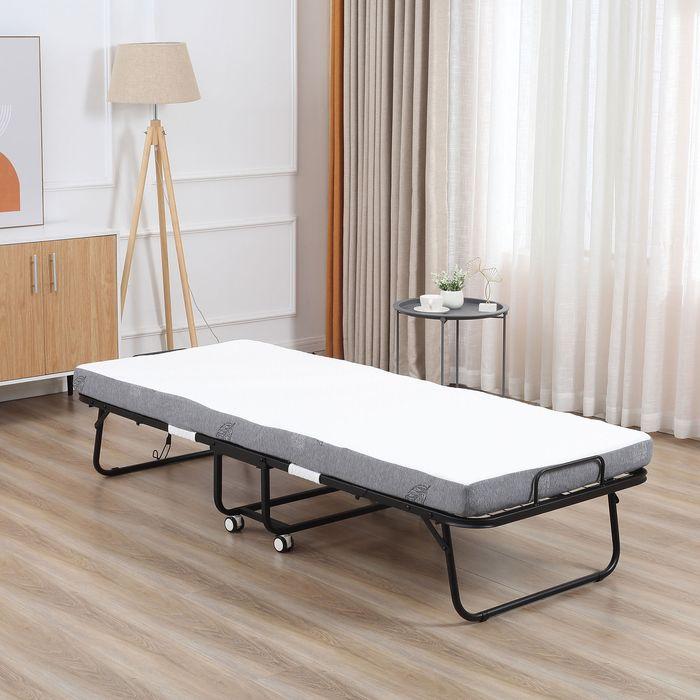 Immagine prodotto Swisshandel24 Letto per ospiti Letto pieghevole con rotelle Acciaio+schiuma Bianco+nero 200 x 75 x 42,5 cm (75 x 200 cm)