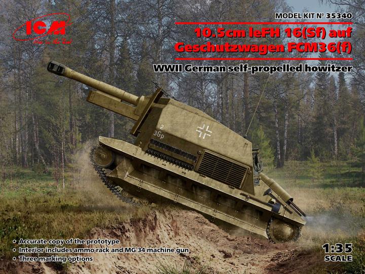 Actual product image ICM 10.5cm leFH 16(Sf)on gun carriage FCM36(f),WWII German self-propelled howitzer