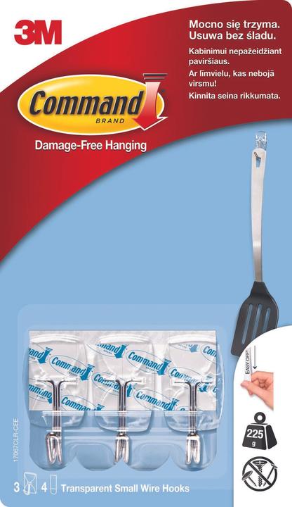 3M Hook, with metal handle, 3 hooks and 4 small strips, transparent