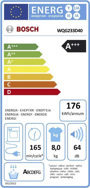 Label énergétique Bosch Hausgeräte Waschturm WUU28T48 & WQG233D40 (8 kg, Droite)