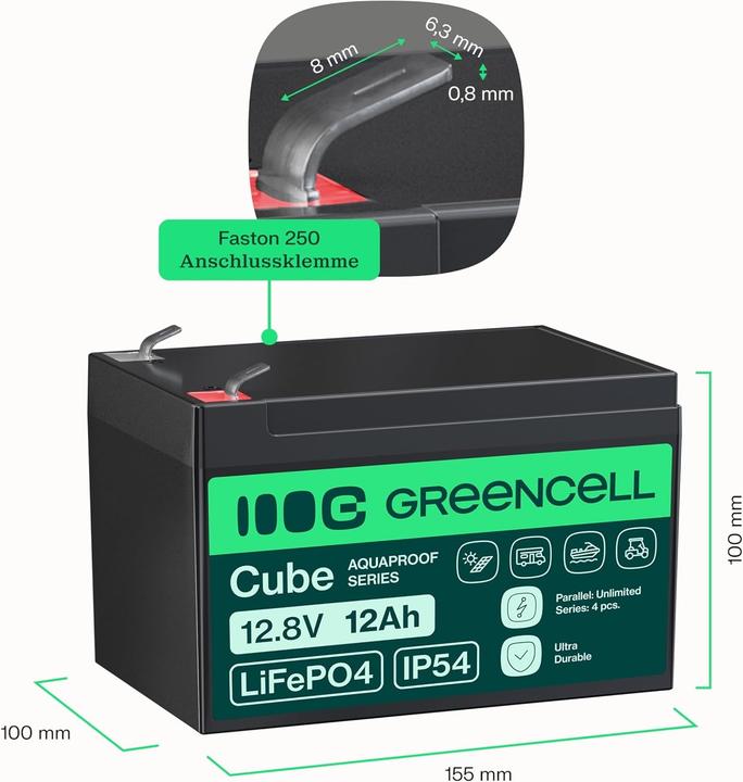 Immagine prodotto GreenCell Green Cell CUBE LiFePO4 Spezial-Akku LiFePo-Block Flachstecker Li-Ion 12.8 V 12 (12.80 V, 12 Ah)