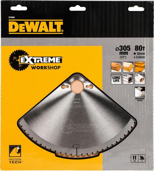 Actual product image DeWalt EXTREME ® stationary circular saw blade DT4283inesFinish (veneers. aluminum and plastics).