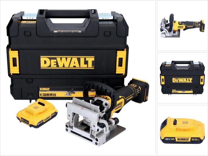 1x DeWalt DCW 682 cordless flat dowel cutter, 1x DeWalt DCB 183 18 V 2.0 Ah battery, 1x DeWalt TSTAK