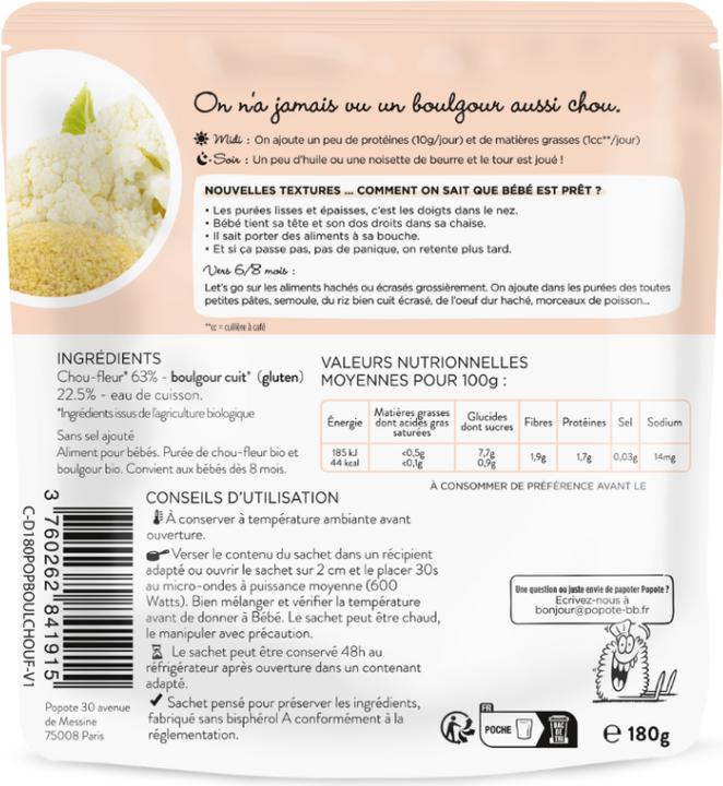 Valeurs nutritives et ingrédients Popote Babybrei Blumenkohl-Bulgur BIO (180 g)