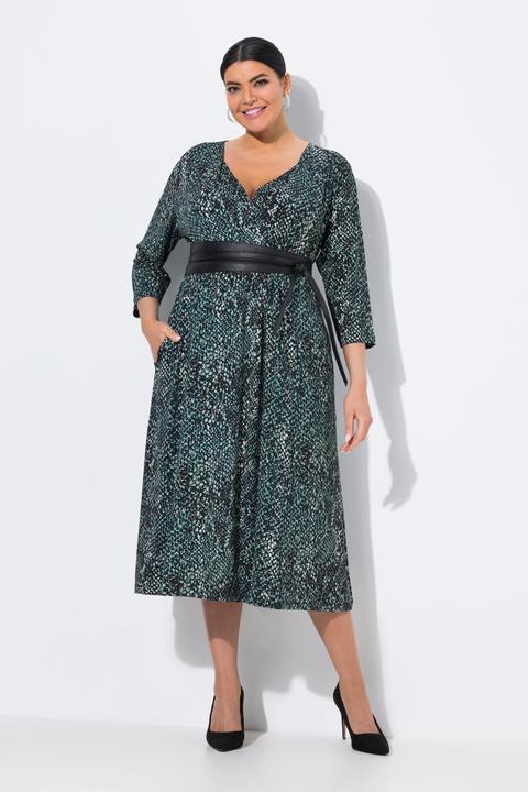 Image du produit Ulla Popken Robe midi en jersey, motif peau de serpent, décolleté en V et manches 3/4 (42, 44)