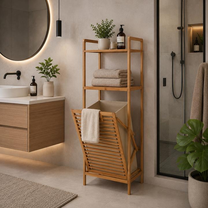 Produktbild Mojawo Bambus Badezimmerregal mit Wäschekorb Regal Standregal B40xT30xH95cm (40 x 30 x 95 cm)