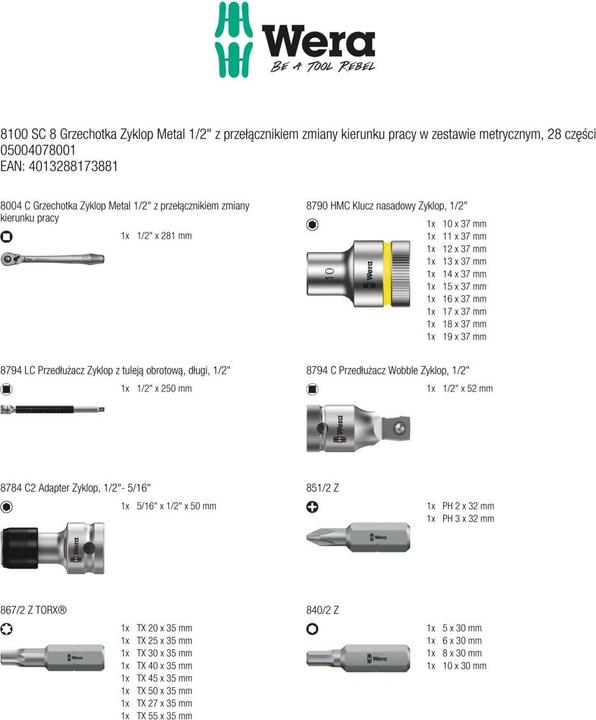 Actual product image Wera 8100 SC 8 Zyklop Metal Ratchet Set (19 mm, 12 mm, 14 mm, 16 mm, 10 mm, 18 mm, 17 mm, 11 mm, 15 mm, 13 mm)