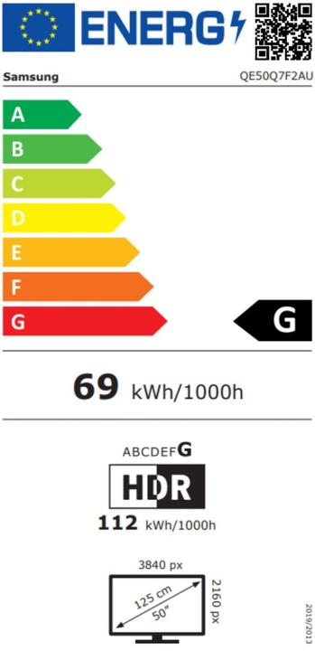 Energie-Label Samsung Q7F QE50Q7F2AU 127 cm (50 ) 4K Ultra HD Smart-TV WLAN Schwarz (50", Q7F, QLED, 4K, 2025)