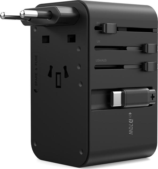 Produktbild Choetech PD5022 70W EU/US/AUS/UK Travel Adapter with Built-in USB-C Cable - Black