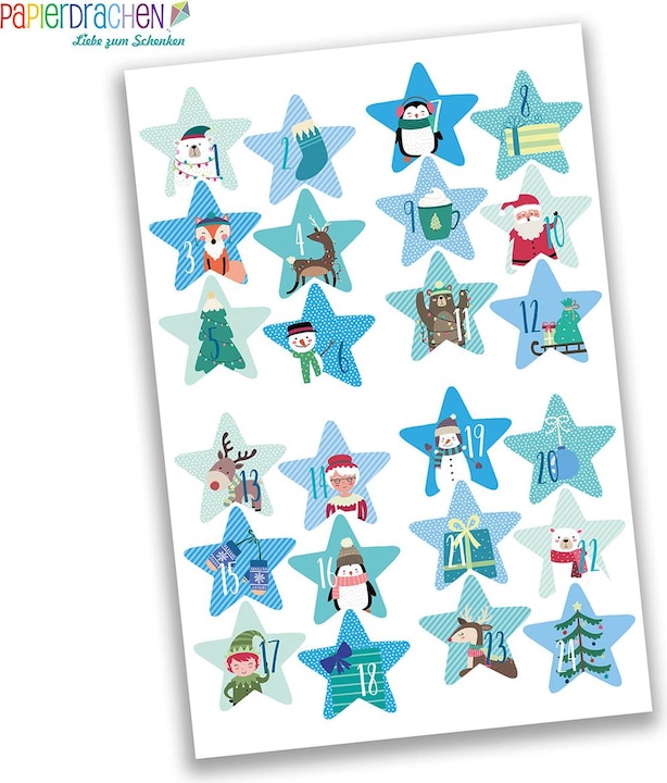 Image du produit Papierdrachen 24 autocollants numérotés pour le calendrier de l'Avent, bleu étoilé