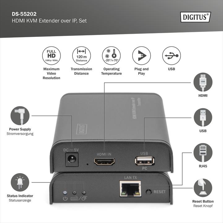 Produktbild Digitus HDMI KVM Extender 120 m via Netzwerkkabel Cat 5 5E