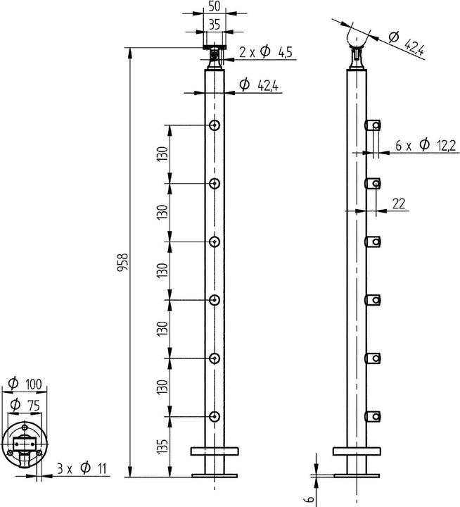 Actual product image Croso Prefabricated upright for floor mounting, incl. 6 crossbar holders, stainless steel V2A