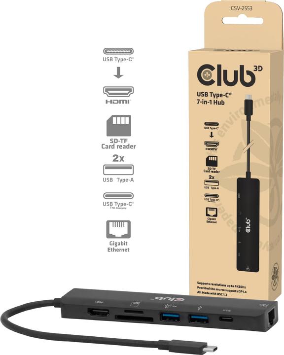 Immagine prodotto Club 3D Club3D USB-C 7in1-HUB >HDMI/2xUSB/USB-C/LAN 4K60Hz PD100W retail (USB-C, 7 porte)