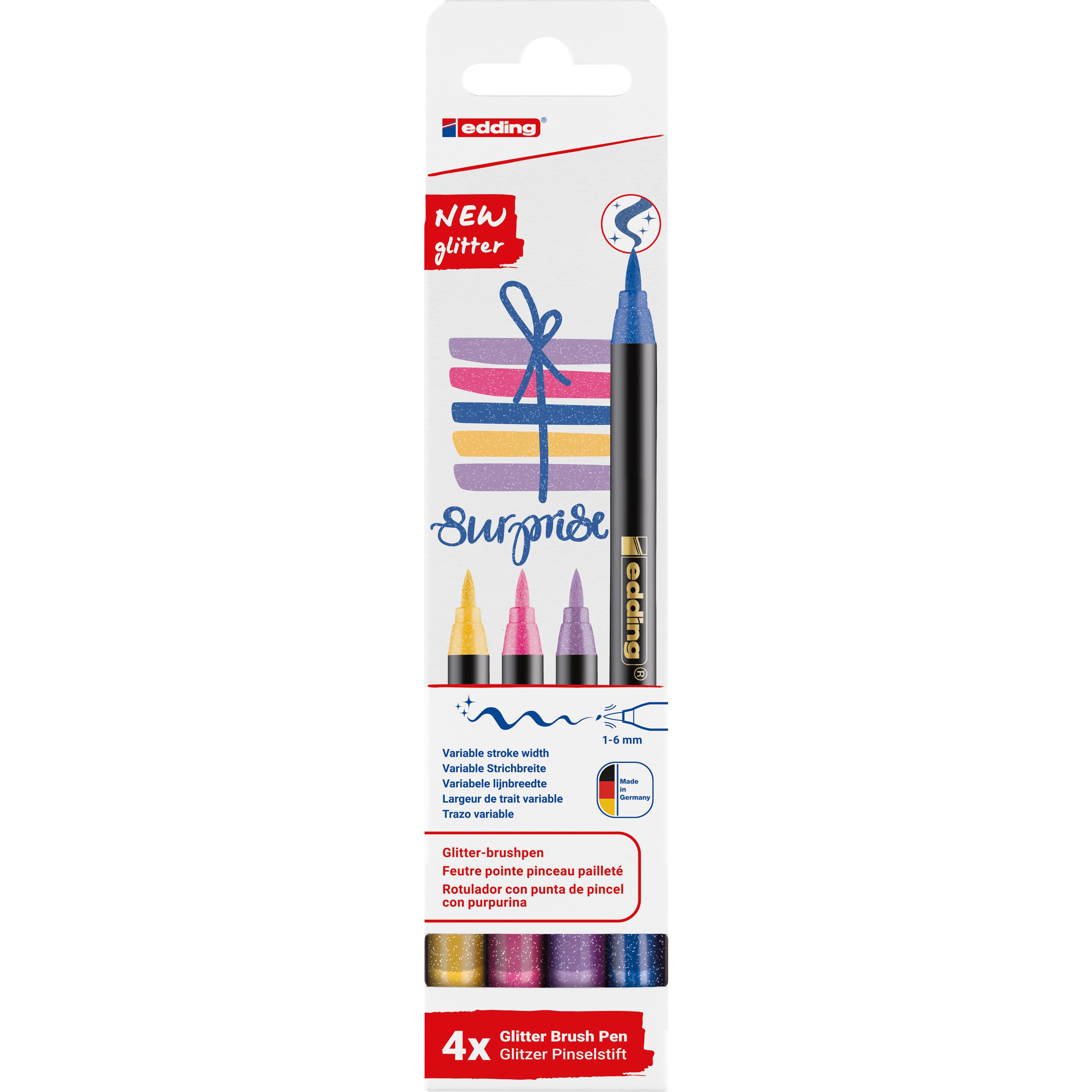 Edding, Malstifte, 1340 glitzer Pinselstift 4er-Set sortiert (lila glitzer und ockergelb glitzer, Blau Glitzer, Pink Gli...