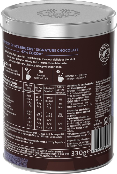 Valori nutrizionali e ingredienti Starbucks Signature Chocolate Cacao in polvere da bere 42% (330 g)
