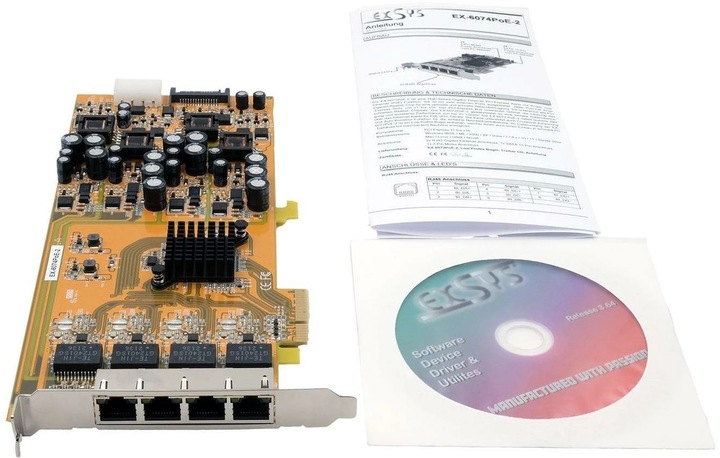 Image du produit Exsys Carte PCI-EXPRESS Quad Ethernet 4xG. Ports 4xGigabit,supportés avec PoE (PCI-E x1)