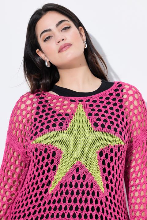Actual product image Angel of Style 3/4-Sleeve Relaxed Fit Crew Neck Perforated Knit Star Sweater (48)