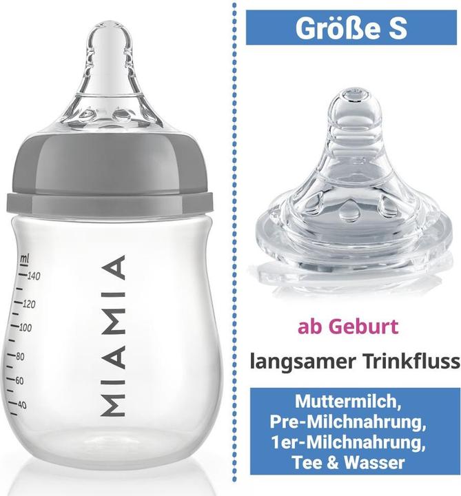 Produktbild MiaMia Babyflaschen PP-Flasche 3er Pack 140 ml + Silikon-Trinksauger (140 ml)
