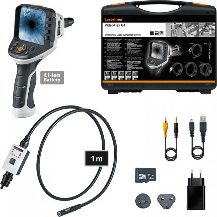 VideoFlex G4 DuoView Camera 1 m Li-Ion Akkupack Netz-, Ladegerät inkl. internat. Adapter USB-Kabel 4 GB Micro-SD-Karte Videoverbindungskabel Tragekoffer