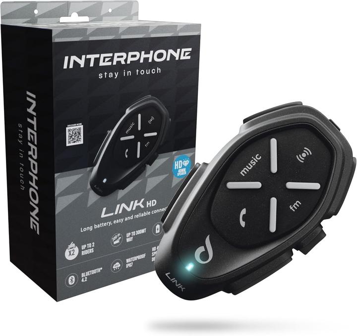 Interphone Motorbike helmet intercom, 40 mm high-fidelity stereo, GPS, IPX67 waterproof, 20-hour battery life (Set of 1)