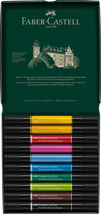 Produktbild Faber-Castell Tuschestift (#120 Ultramarine, #125 Middle Purple Pink, #175 Dark Sepia & #199 Black, #107 Cadmium Yellow, #219 Deep Scarlet Red, #109 Dark Chrome Yellow, #170 May Green, 10 x)