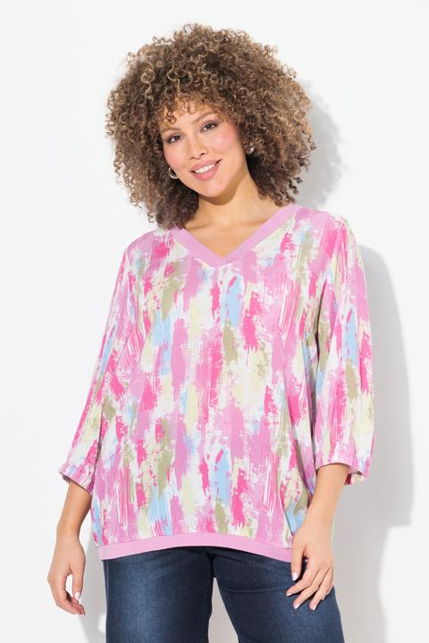 Immagine prodotto Ulla Popken Blusa in crêpe con orlo a costine, scollo a V e maniche a 3/4 (50, 52)