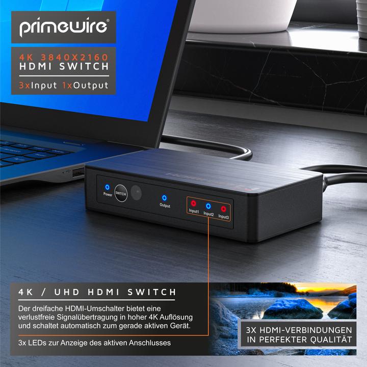 Produktbild Primewire HDMI 2.0b 3 Port Switch, Verteiler 4k 60Hz UHD, Ultra HD 4096x2160 HDR, Fernbedienung, Netzteil