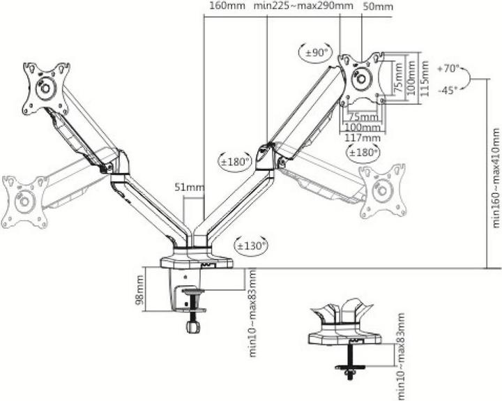 Image du produit Techly Support de bureau pour 2 LCD TV LED 43-81cm 17-32pouces Pince Vérin Noir (Tables, 32", 9 kg)