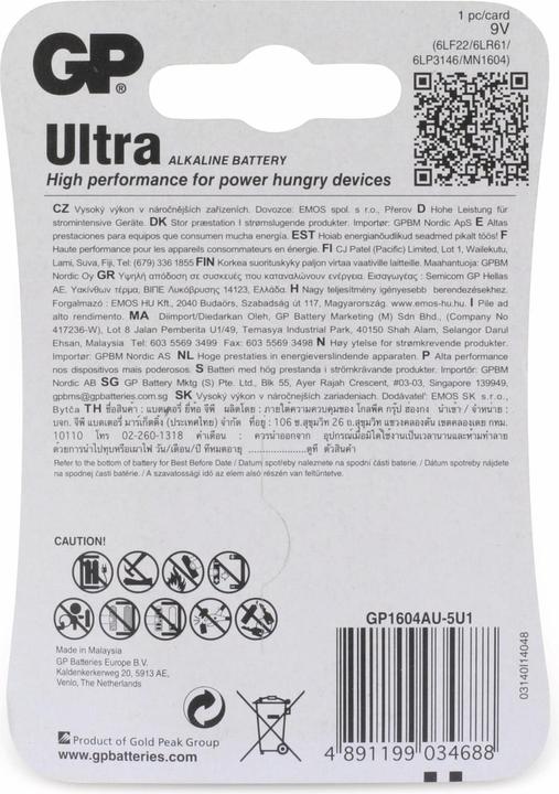 Valeurs nutritives et ingrédients GP Batteries Bloc ultra-alcalin (1 pcs, 9V Block)