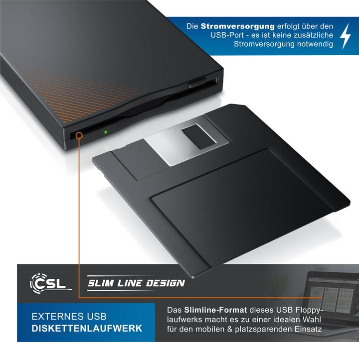 CSL Externes Diskettenlaufwerk, USB-A/C Schnittstelle, Plug and Play, kompatibel mit Windows, Floppy (Floppy Disk Laufwerk)