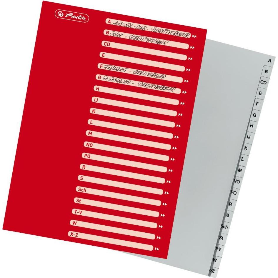Thumbnail - Herlitz, Ordner Zubehör, Kunststoffregister, A-Z, A4 extra breit, 20-teilig grau, PP-Folie, Eurolochung, Maße: (B)240 x
