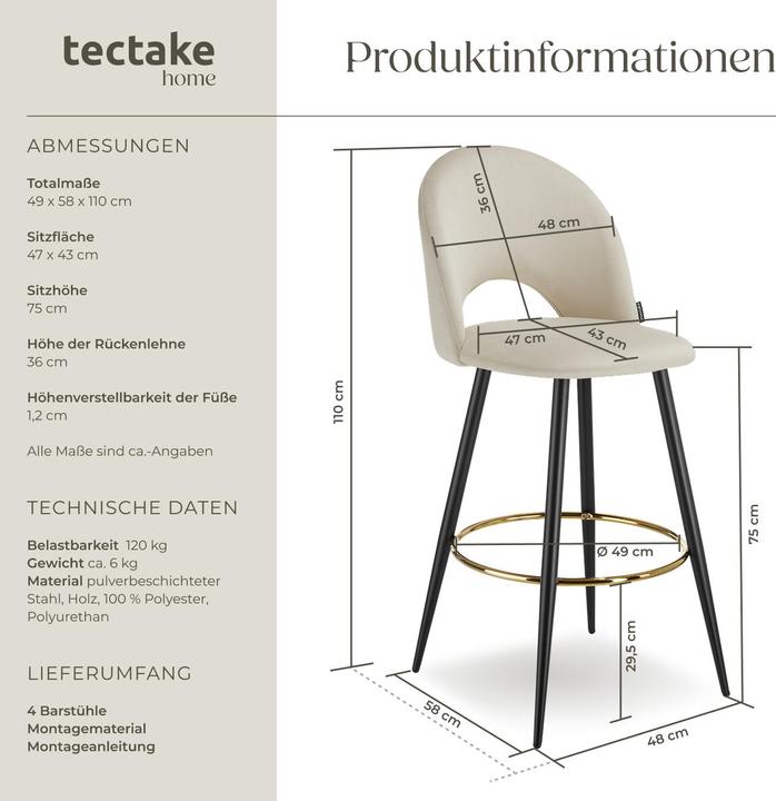 Actual product image tectake Bar stool Sachel with backrest, velvet look