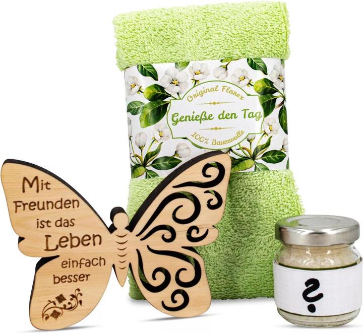 Produktbild ZNatur Geschenkset Zirben Holz Schmetterling mit Gravur Mit Freunde Badesalz & Tuch No.25 (Körperpflegeset)