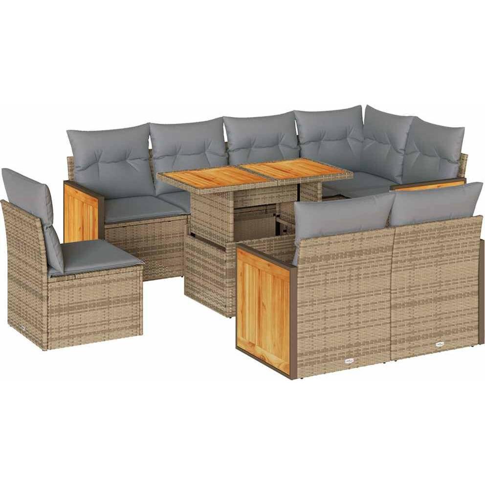 VidaXL, Gartenlounge, 9-tlg. Garten-Sofagarnitur mit Kissen Beige Poly Rattan Akazie