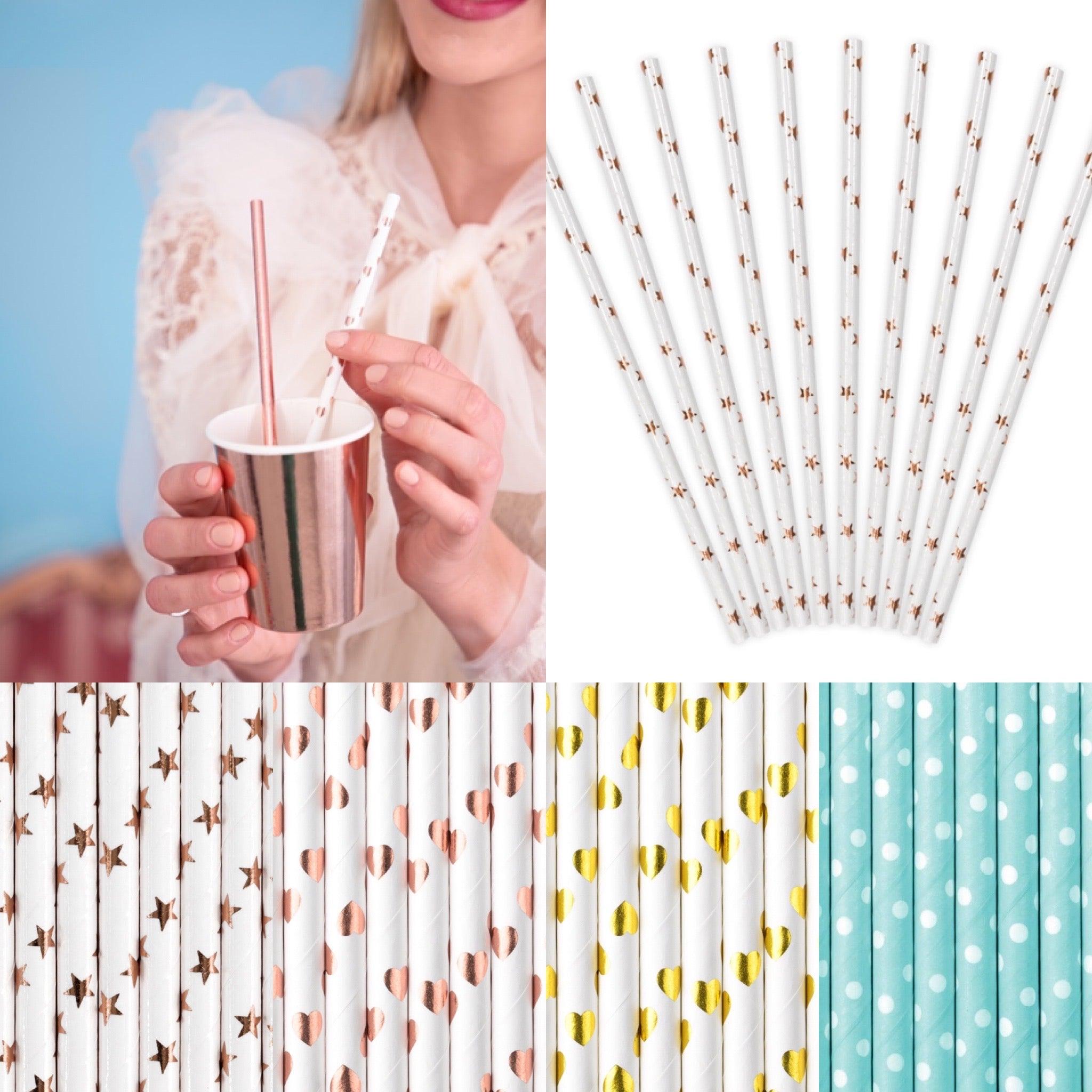 Thumbnail - Partydeco Papierstrohhalme Sterne Roségold (10 Stück), Strohhalm, Rosa, Gold