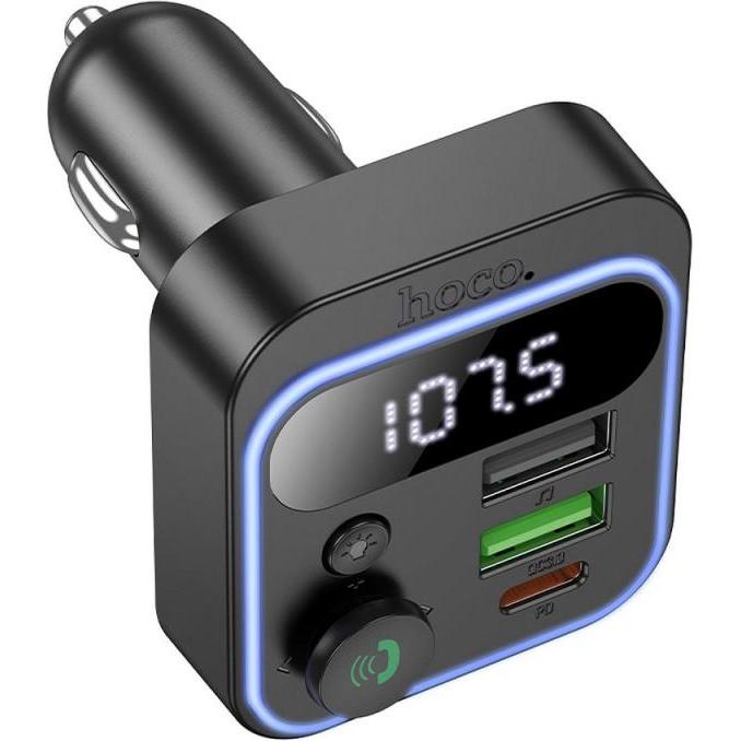 Hoco BT FM Transmitter and Car Charger E85, 2 x USB-A - 1 x USB-C, Black, Adattatore per auto, Nero