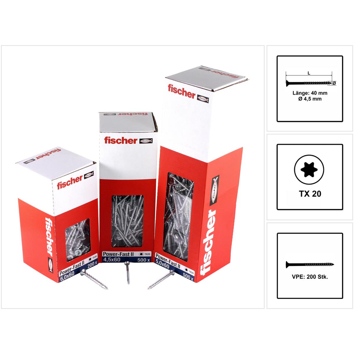 Fischer, Schrauben, PowerFast II 4,5x40 SK TX TG blvz 200 (200 Schrauben pro Stück)