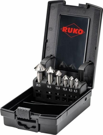 Immagine prodotto Ruko Set di svasatori 90° ULTIMATECUT 4S 6,3-20,5 mm HSS-Co5 Valigetta in plastica da 6 pezzi (8,3, 20,5 mm, 10,4 mm, 16,5 mm, 12,4 mm, 6,3)