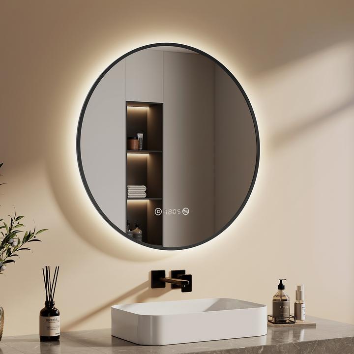 Actual product image Emke Bathroom Mirror With Lighting Φ80cm, Fog-Free, Temperature&Time, Cool-White(6500K), Dimmable.Black
