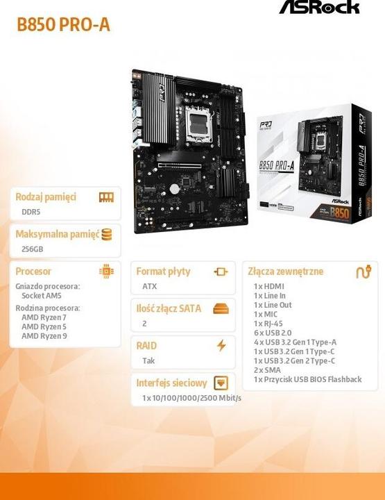 Actual product image AsRock B850 Pro-A (AM5, AMD B850, ATX)