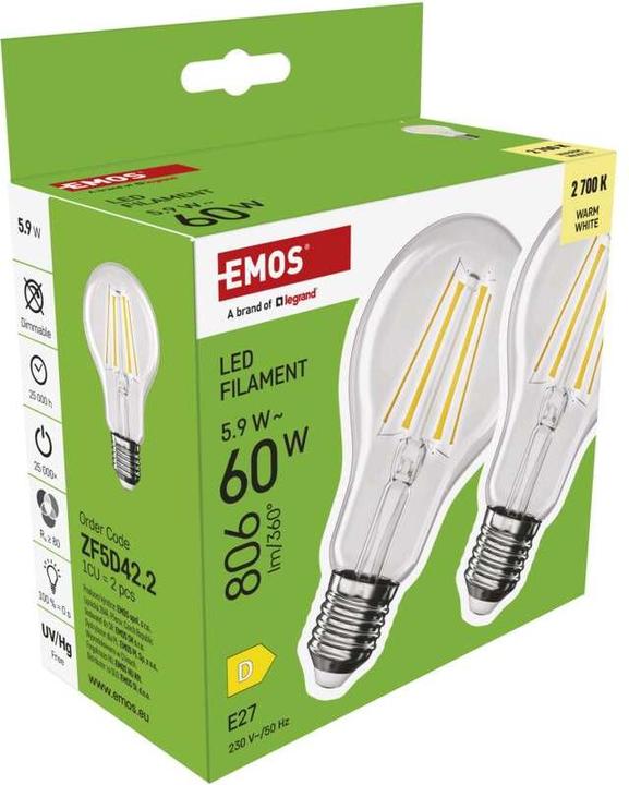 Produktbild Emos LED Lampe Filament A60 / E27 / 5,9 W (60 W) / 806 lm / Warmweiss (E27, 5.90 W, 806 lm, 2 x, D)