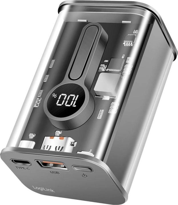 Actual product image LogiLink Powerbank 10000 mAh, 1x USB-A, 1x USB-C, with display, PD & QC, transp. (10000 mAh, 20 W, 37 Wh)