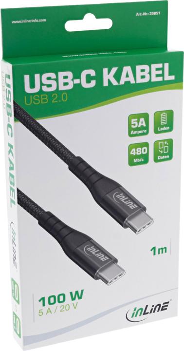 Immagine prodotto InLine Cavo USB 2.0, cavo di ricarica rapida USB-C plug/plug 100W, tessuto nero, 2m (2 m, USB 2.0, 100 W)