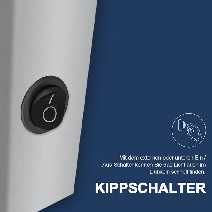 Actual product image SONNI Leuchtspiegelschrank, 105 x 65 cm, Edelstahl, kabelloses Scharnierdesign, mit Steckdosen und T