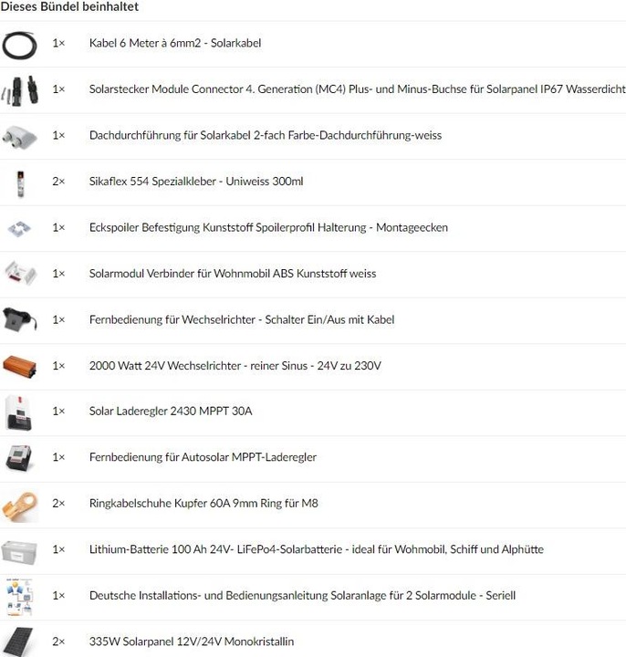 Produktbild Autosolar Solaranlage Komplettpaket 670W mit Lithiumbatterie 100Ah 24V und 2000W-Wechselrichter 24V zu 230V (670 W)