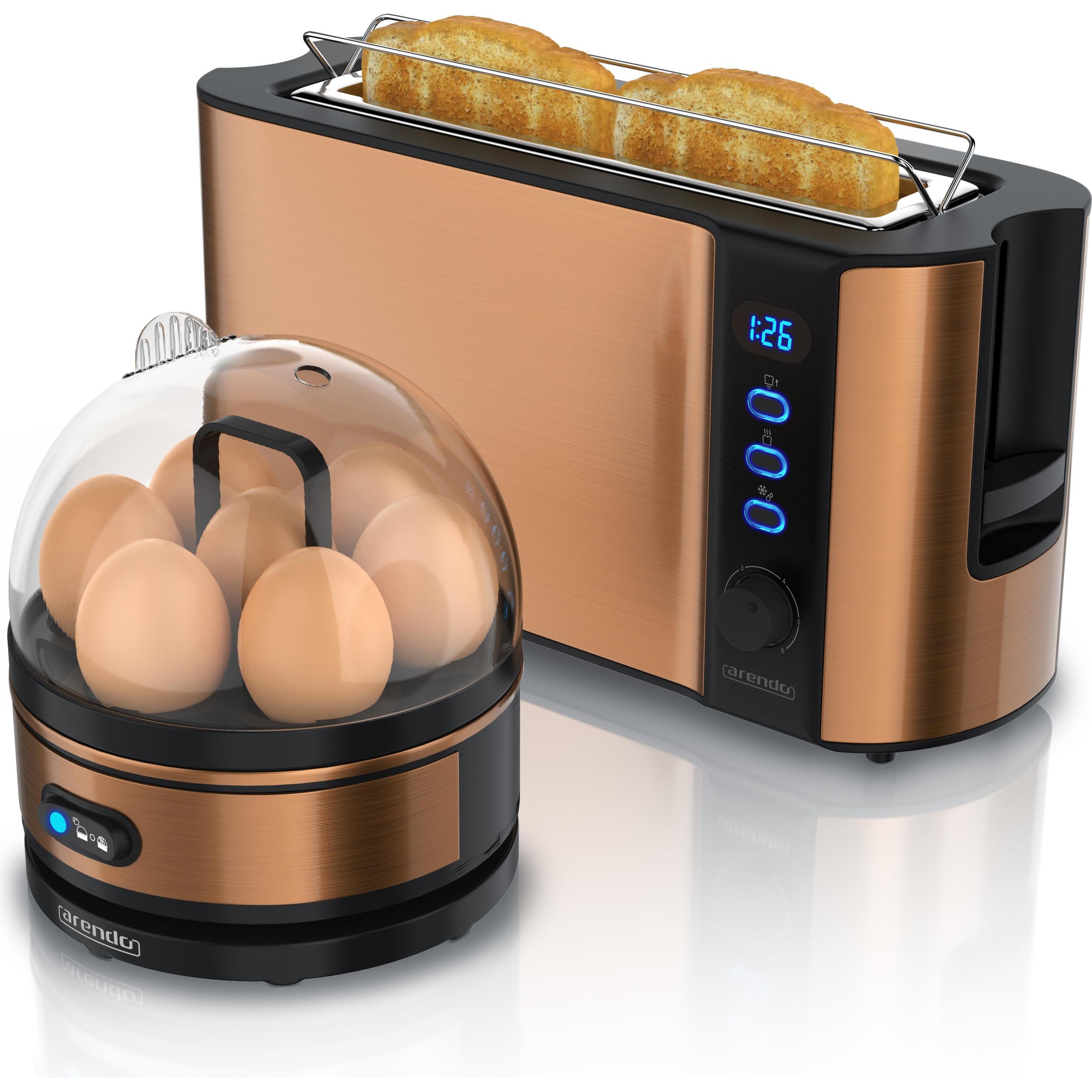 Arendo Frühstücks Set, 2-Scheiben Langschlitz Toaster mit Brötchenaufsatz & Eierkocher für 7 Eier, Kupfer, Eierkocher, S...