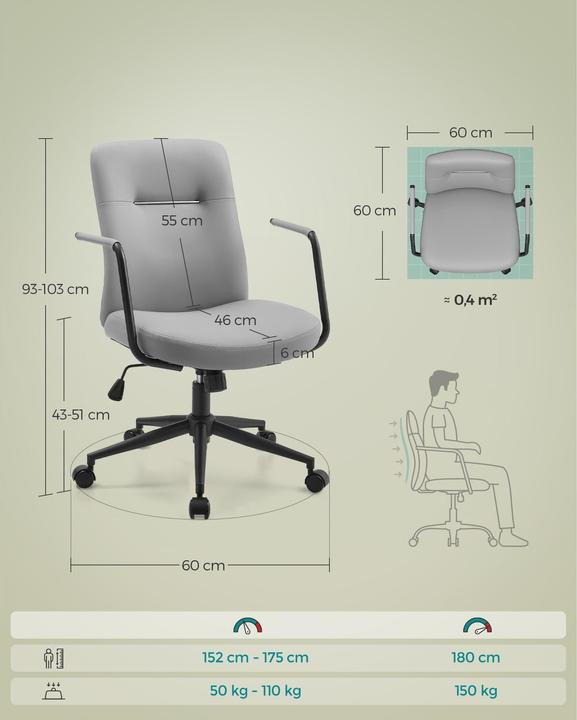 Image du produit Songmics Chaise de bureau avec dossier rembourré et accoudoirs, gris